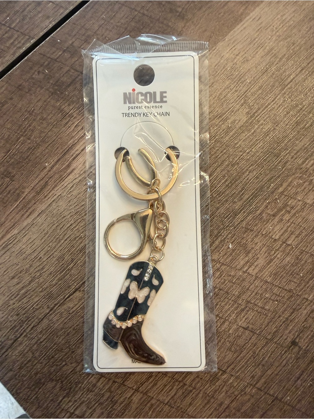 Nicole Gold-Tone Western Boot Keychain with Black Boot Charm